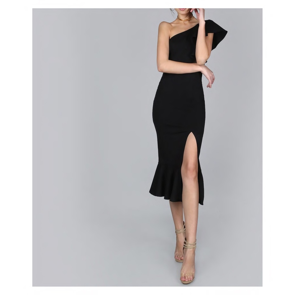 Black One Shoulder Ruffle Bodycon Midi Dress - Picture 5 of 6